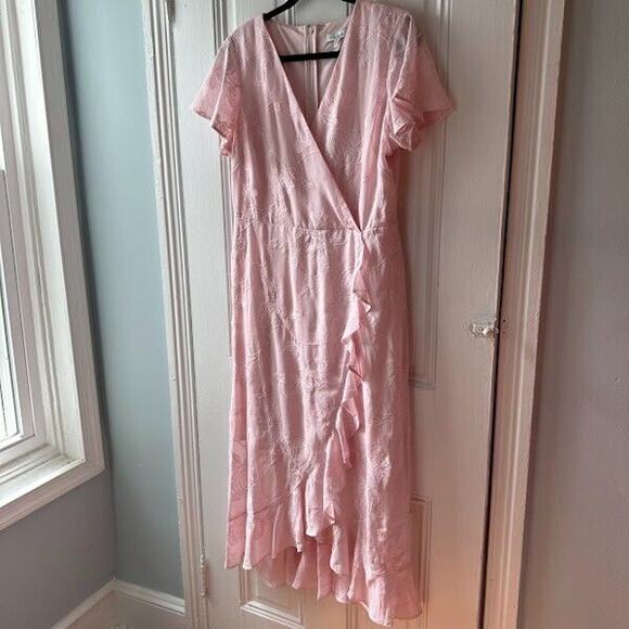 Kensie Wrap Maxi Dress Womens 12 Pink Floral Embroidered Girlhoodcore Romantic - Picture 1 of 11